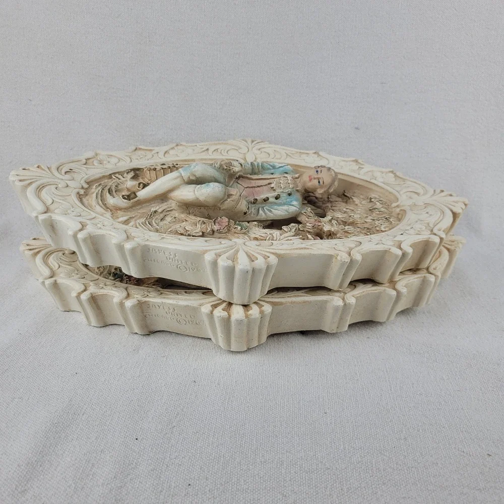 Vintage 1962 Jayess United Chicago Chalkware Wall Plaques Rococo Couple Set of 2